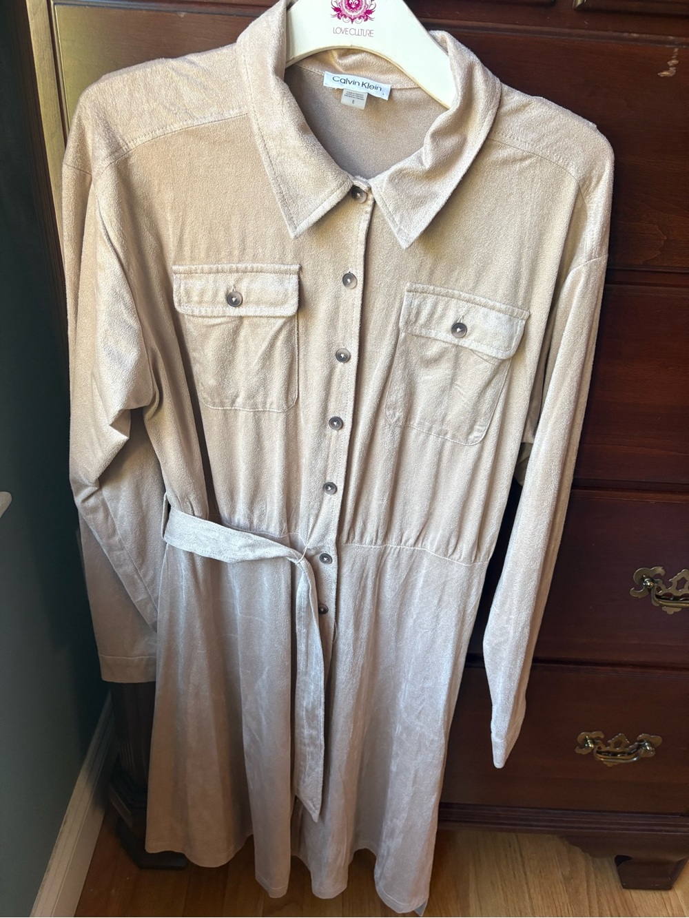Calvin Klein Long-Sleeve Shirt Dress in Light Beige